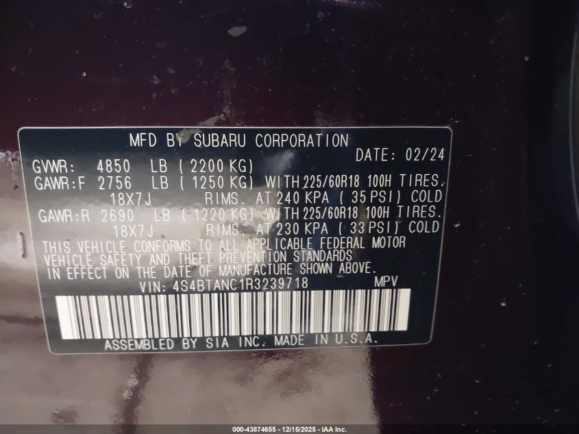 2024 Subaru Outback Limited VIN: 4S4BTANC1R3239718 Lot: 43874655