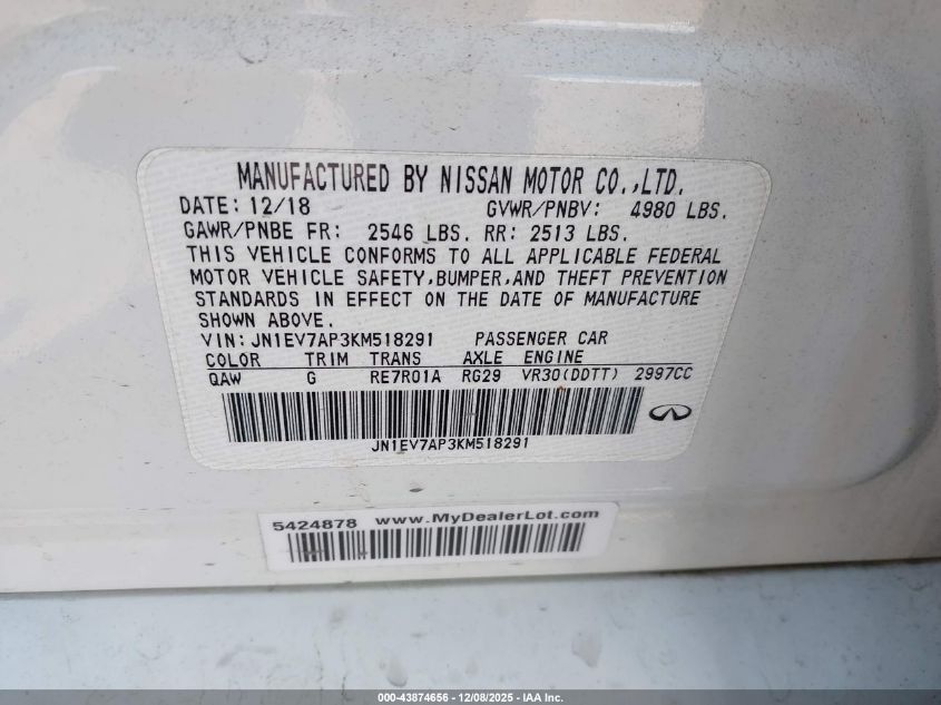 2019 Infiniti Q50 3.0T Sport VIN: JN1EV7AP3KM518291 Lot: 43874656