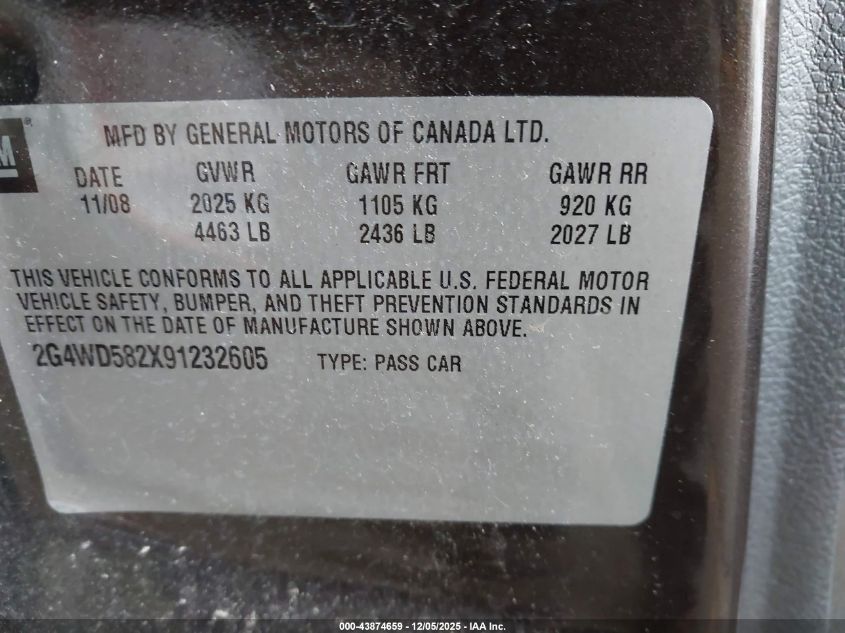 2009 Buick Lacrosse Cxl VIN: 2G4WD582X91232605 Lot: 43874659