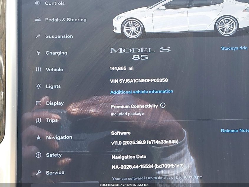 2013 Tesla Model S VIN: 5YJSA1CN9DFP05258 Lot: 43874660