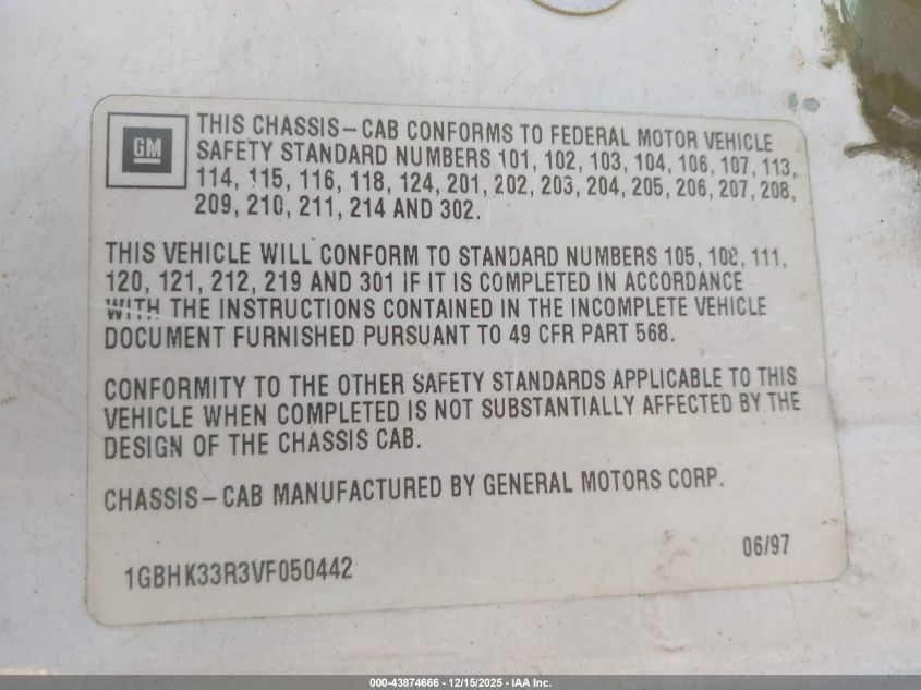 1997 Chevrolet K3500 Chassis VIN: 1GBHK33R3VF050442 Lot: 43874666