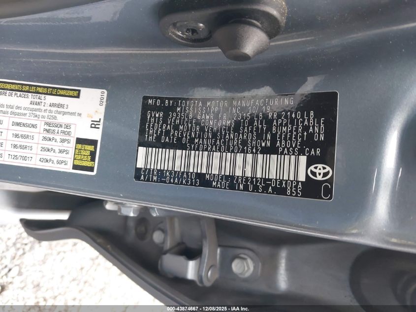 2020 Toyota Corolla L VIN: 5YFDPRAE0LP071642 Lot: 43874667