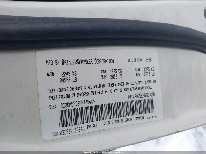 2006 Chrysler 300 Touring VIN: 2C3KA53G66H445444 Lot: 43874671