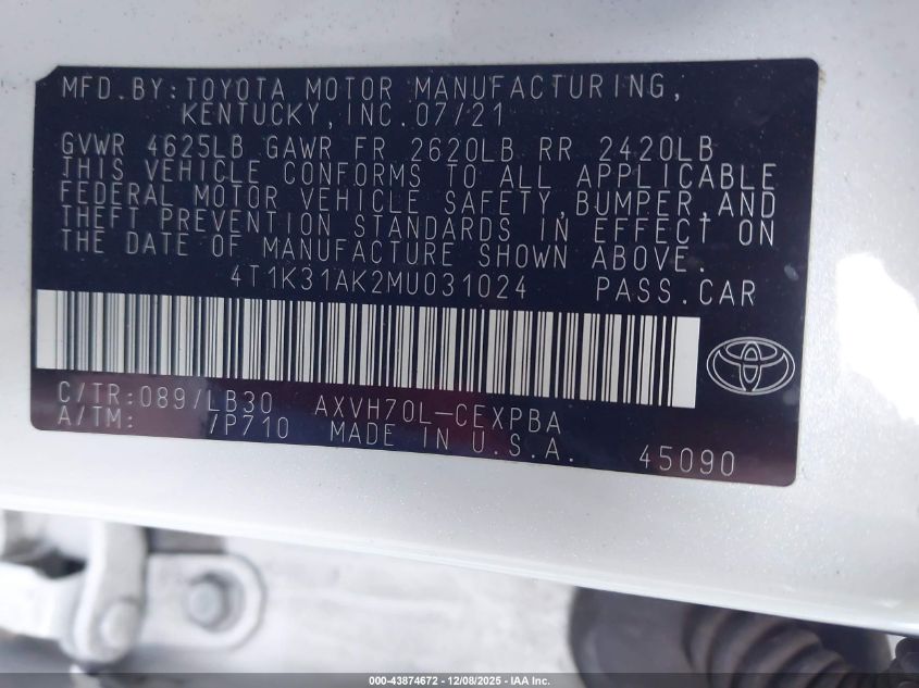 2021 Toyota Camry Xse Hybrid VIN: 4T1K31AK2MU031024 Lot: 43874672