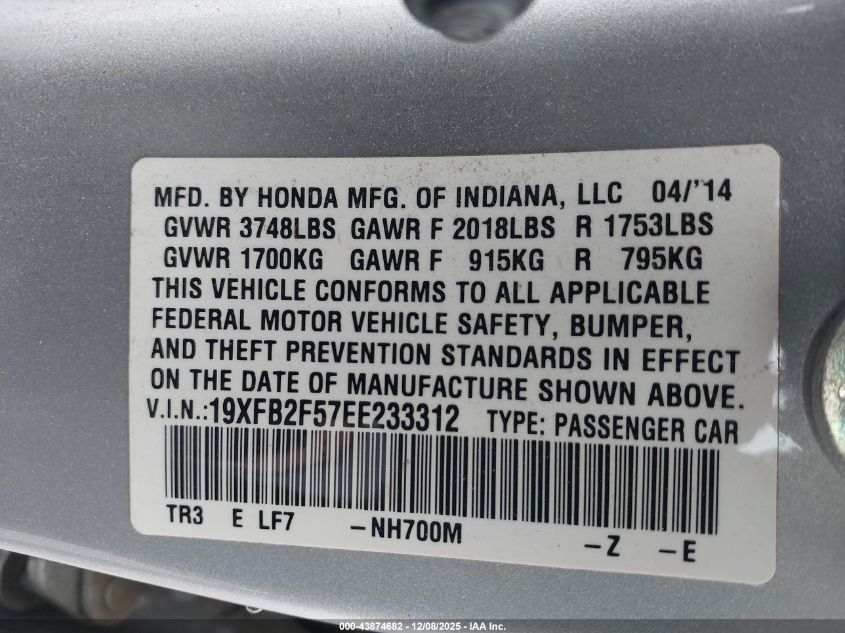 2014 Honda Civic Lx VIN: 19XFB2F57EE233312 Lot: 43874682