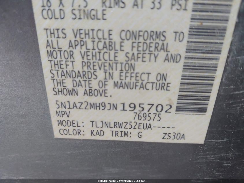 2018 Nissan Murano Sl VIN: 5N1AZ2MH9JN195702 Lot: 43874689