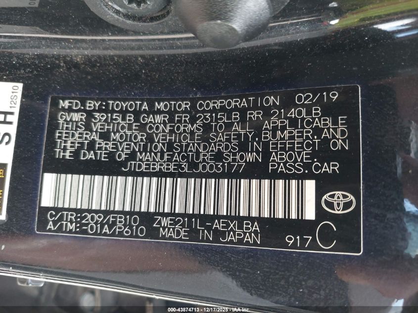 2020 Toyota Corolla Hybrid Le VIN: JTDEBRBE3LJ003177 Lot: 43874713
