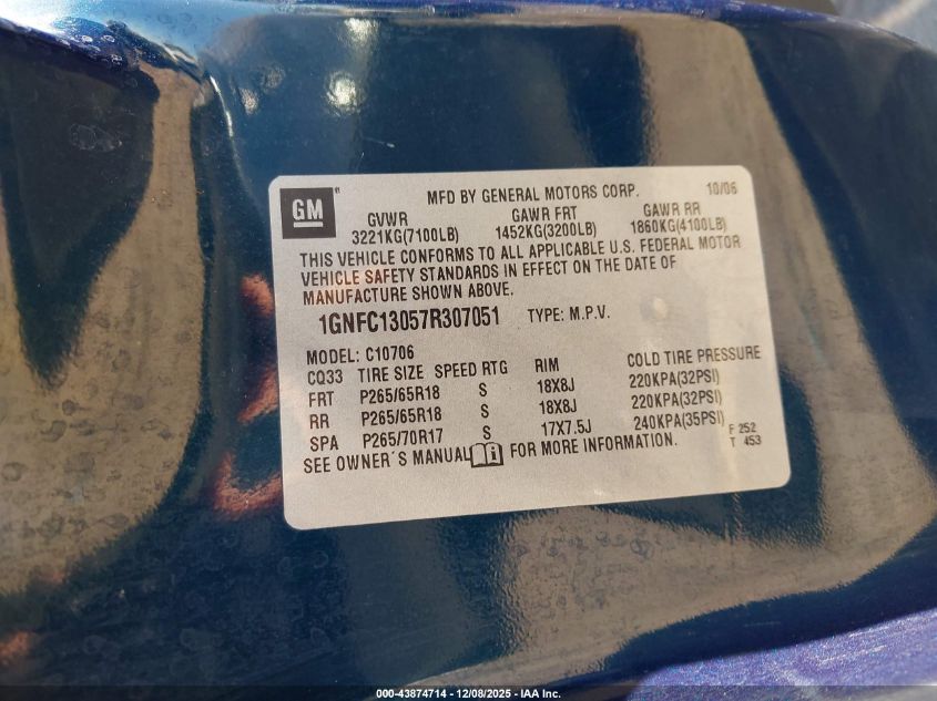 2007 Chevrolet Tahoe Lt VIN: 1GNFC13057R307051 Lot: 43874714