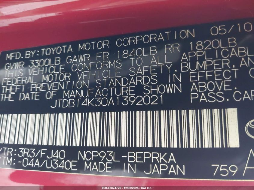 2010 Toyota Yaris VIN: JTDBT4K30A1392021 Lot: 43874726