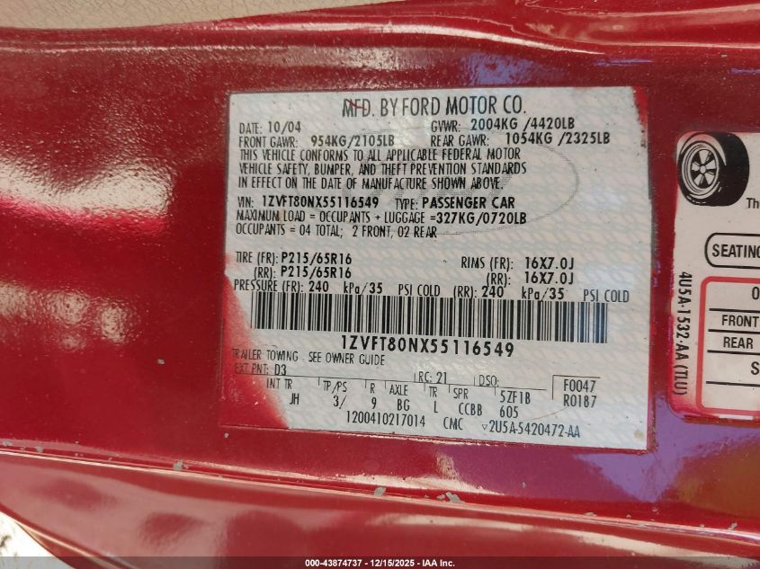 2005 Ford Mustang V6 Deluxe/V6 Premium VIN: 1ZVFT80NX55116549 Lot: 43874737