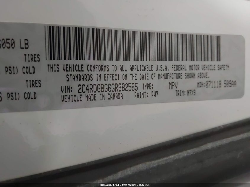 2016 Dodge Grand Caravan Se Plus VIN: 2C4RDGBG6GR382565 Lot: 43874744