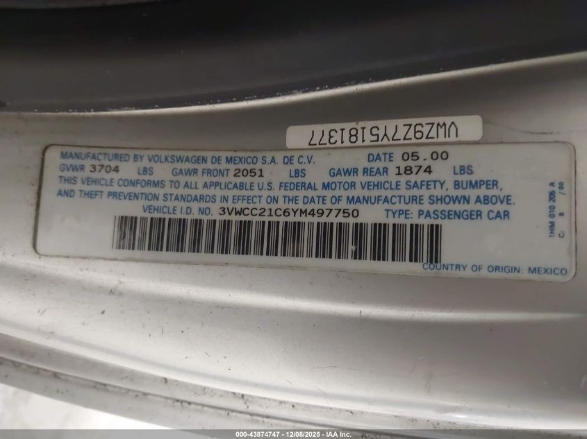 2000 Volkswagen New Beetle Gls VIN: 3VWCC21C6YM497750 Lot: 43874747