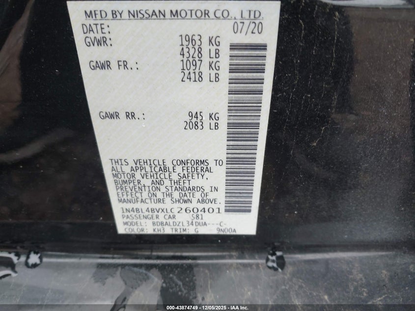 VIN 1N4BL4BVXLC260401 2020 NISSAN ALTIMA S FWD