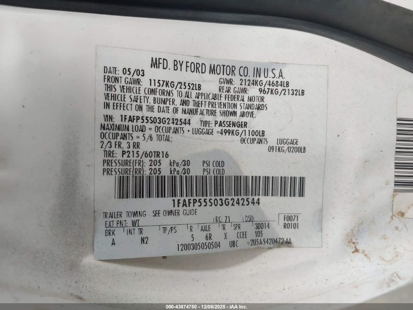 2003 Ford Taurus Ses VIN: 1FAFP55S03G242544 Lot: 43874750