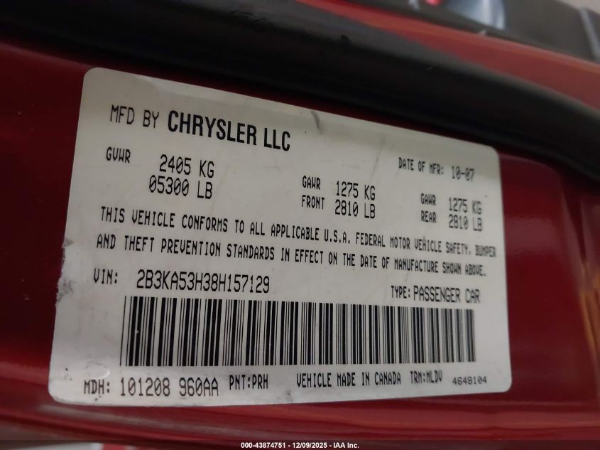 2008 Dodge Charger R/T VIN: 2B3KA53H38H157129 Lot: 43874751