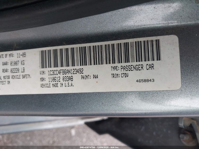 2010 Chrysler Sebring Touring VIN: 1C3CC4FB6AN123492 Lot: 43874754