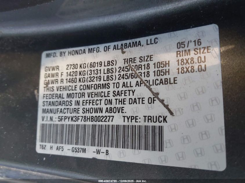 2017 Honda Ridgeline Rtl-E VIN: 5FPYK3F78HB002277 Lot: 43874755