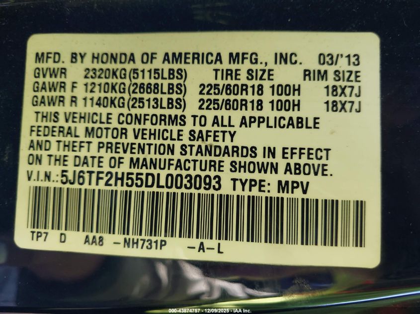 2013 Honda Crosstour Ex-L V6 VIN: 5J6TF2H55DL003093 Lot: 43874757