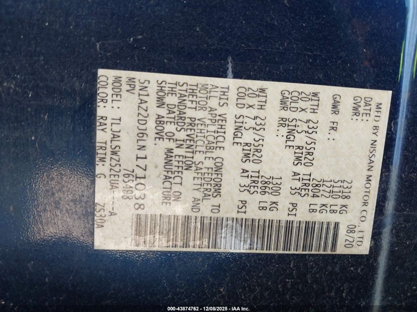 2020 Nissan Murano Platinum Fwd VIN: 5N1AZ2DJ6LN171038 Lot: 43874762