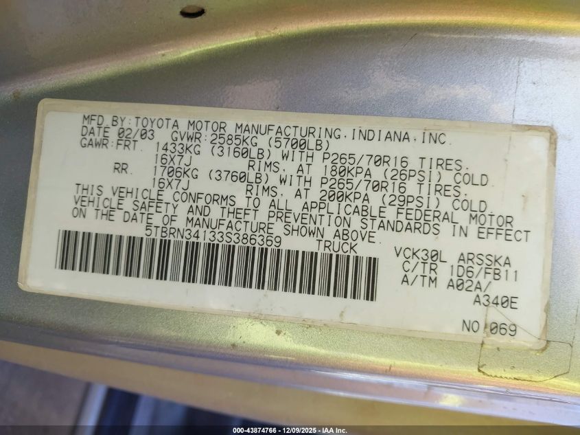 2003 Toyota Tundra Sr5 VIN: 5TBRN34133S386369 Lot: 43874766