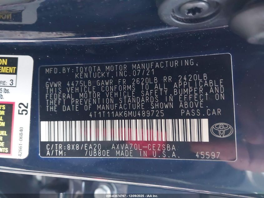 2021 Toyota Camry Se VIN: 4T1T11AK6MU489725 Lot: 43874767