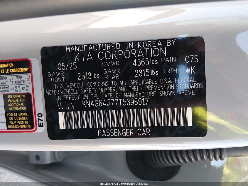 2026 Kia K5 Gt-Line Fwd VIN: KNAG64J77T5396917 Lot: 43874774