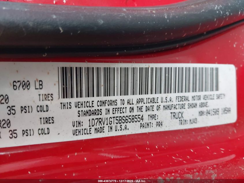 2011 Ram Ram 1500 Slt VIN: 1D7RV1GT5BS658554 Lot: 43874775
