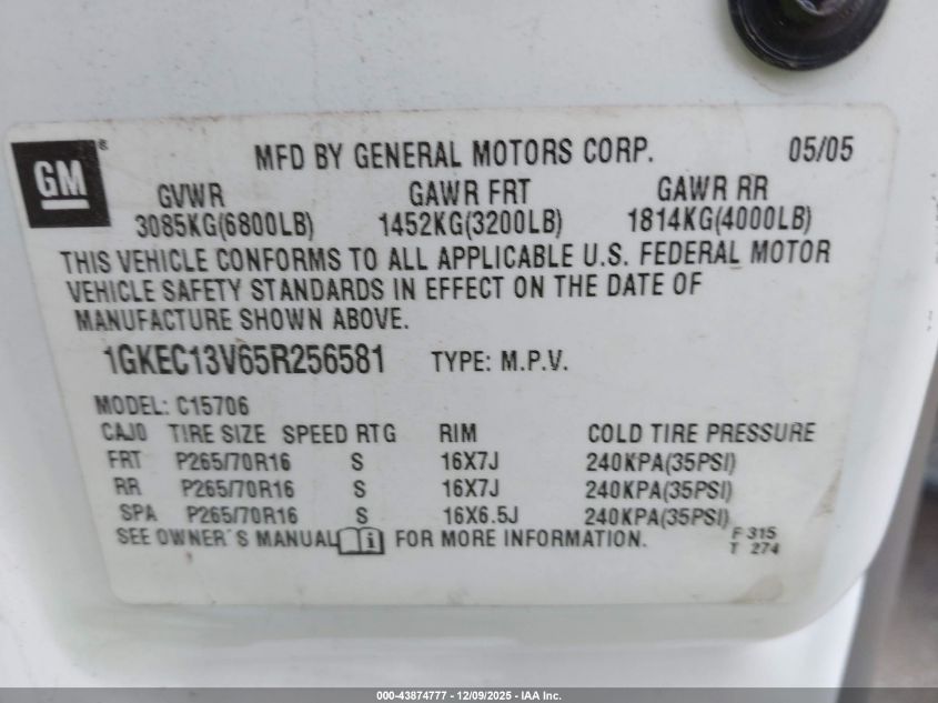2005 GMC Yukon Sle VIN: 1GKEC13V65R256581 Lot: 43874777