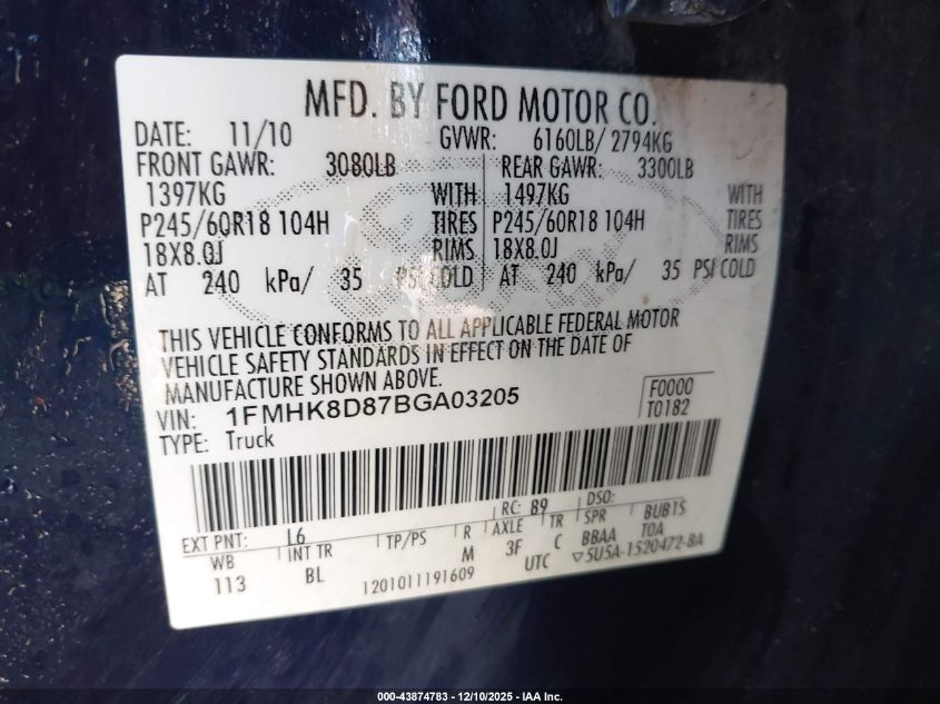 2011 Ford Explorer Xlt VIN: 1FMHK8D87BGA03205 Lot: 43874783