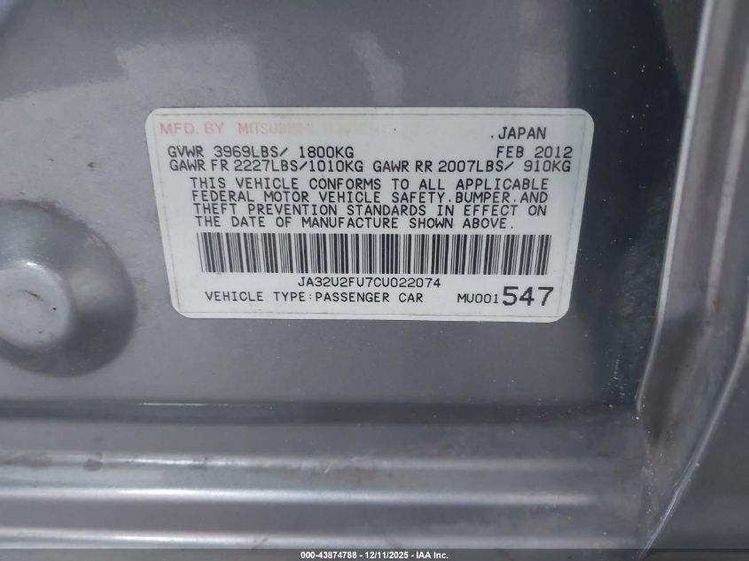 2012 Mitsubishi Lancer Es VIN: JA32U2FU7CU022074 Lot: 43874788