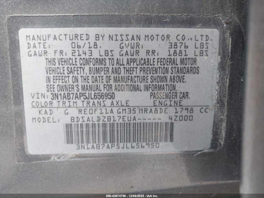 2018 Nissan Sentra Sv VIN: 3N1AB7AP5JL656950 Lot: 43874796