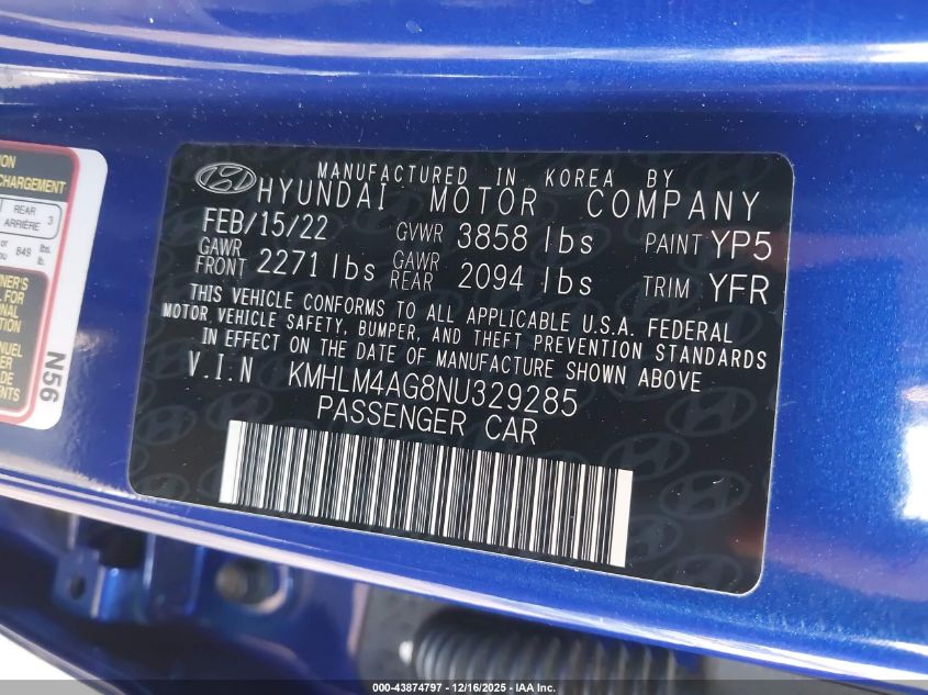 2022 Hyundai Elantra Sel VIN: KMHLM4AG8NU329285 Lot: 43874797