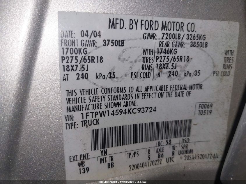 2004 Ford F-150 Fx4/Lariat/Xlt VIN: 1FTPW14594KC93724 Lot: 43874801