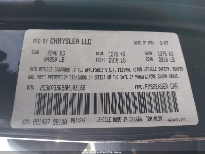 2008 Chrysler 300 Limited VIN: 2C3KA33G98H103168 Lot: 43874803