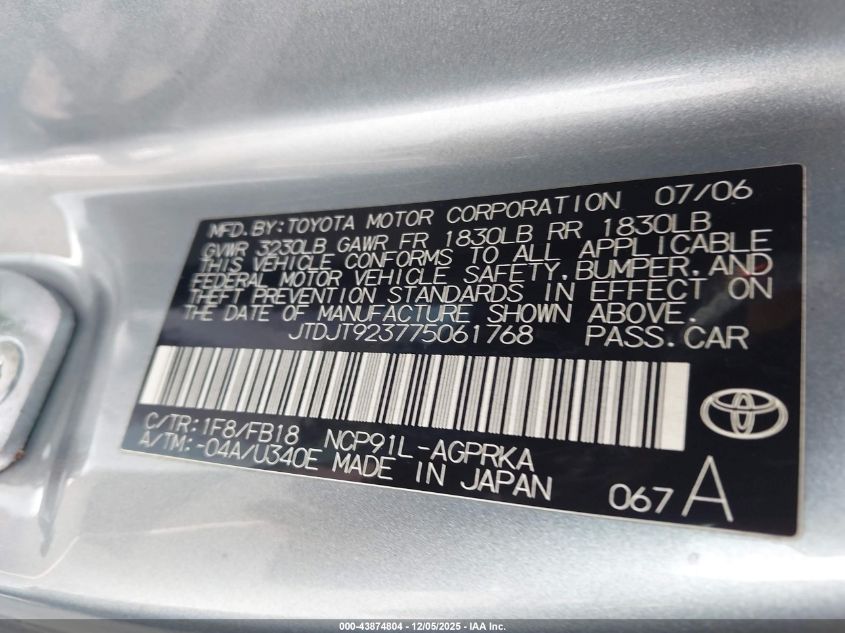 2007 Toyota Yaris VIN: JTDJT923775061768 Lot: 43874804