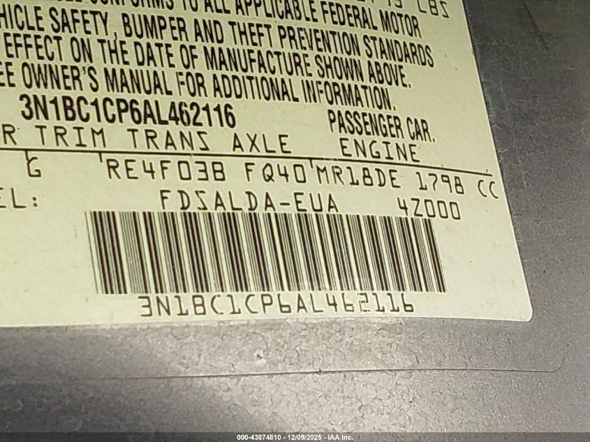 2010 Nissan Versa 1.8S VIN: 3N1BC1CP6AL462116 Lot: 43874810