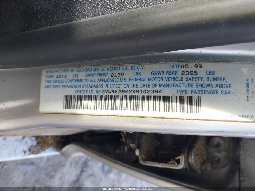 1999 Volkswagen Jetta Gl Tdi VIN: 3VWRF29M2XM102394 Lot: 43874813