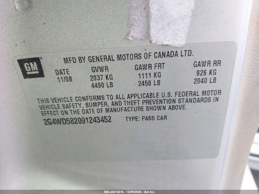 2009 Buick Lacrosse Cxl VIN: 2G4WD582091243452 Lot: 43874816