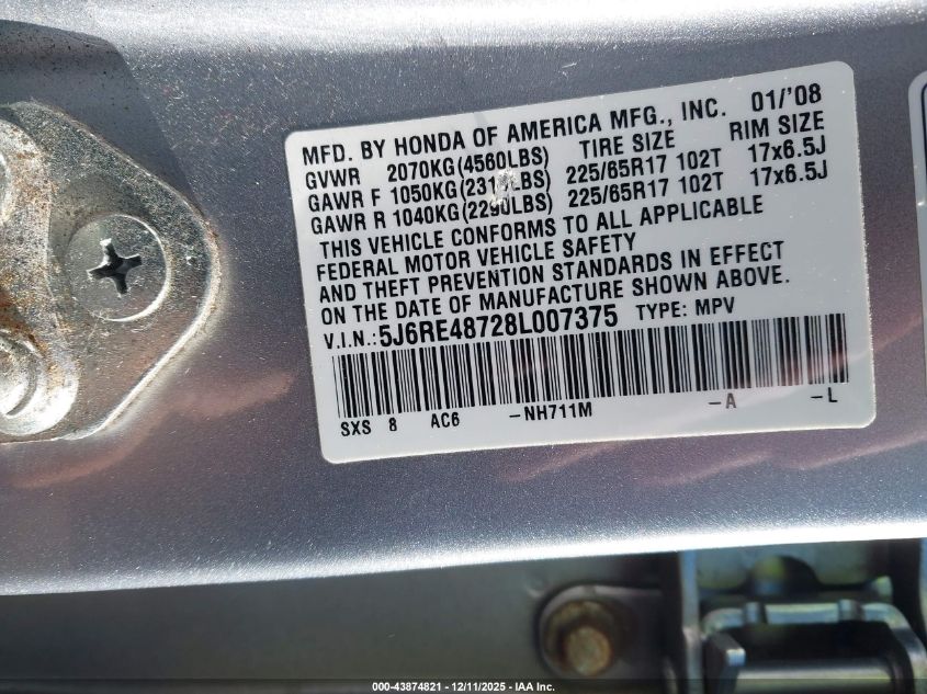 2008 Honda Cr-V Ex-L VIN: 5J6RE48728L007375 Lot: 43874821