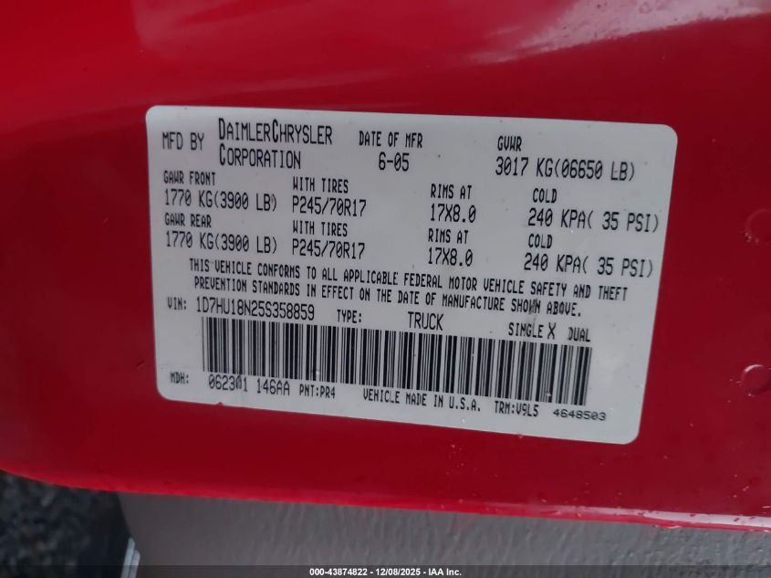 2005 Dodge Ram 1500 Slt/Laramie VIN: 1D7HU18N25S358859 Lot: 44016597