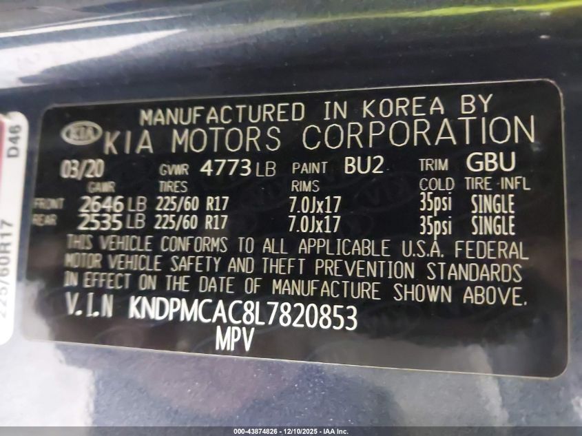2020 Kia Sportage Lx VIN: KNDPMCAC8L7820853 Lot: 43874826