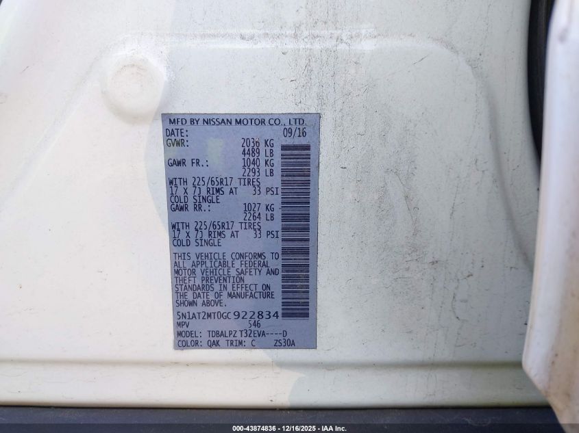 2016 Nissan Rogue S VIN: 5N1AT2MT0GC922834 Lot: 43874836