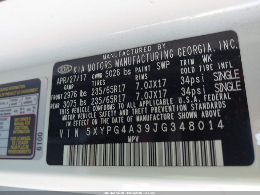 2018 Kia Sorento 2.4L Lx VIN: 5XYPG4A39JG348014 Lot: 43874838