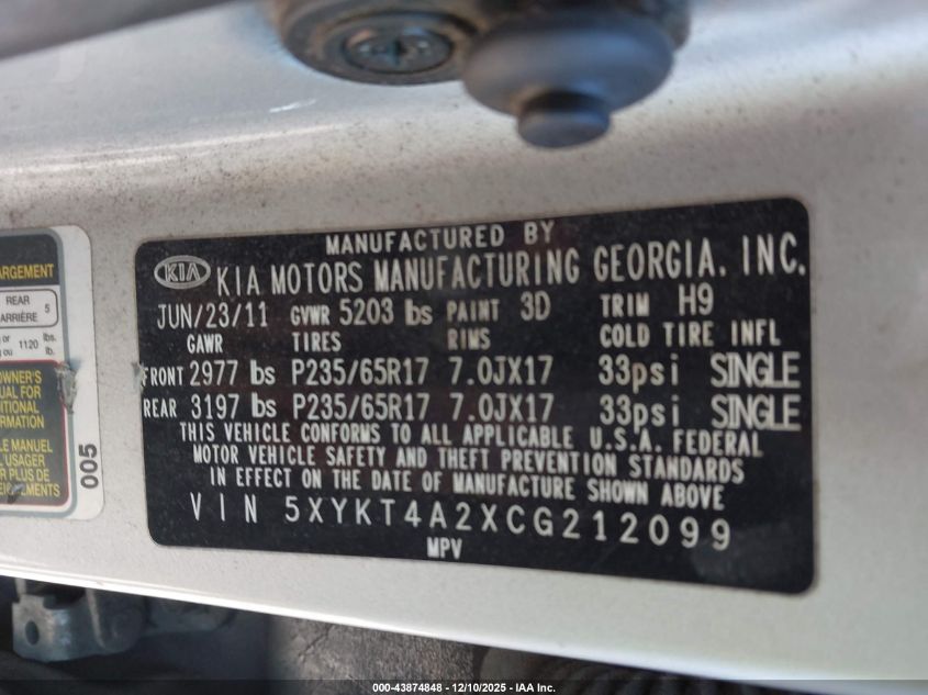 2012 Kia Sorento Lx V6 VIN: 5XYKT4A2XCG212099 Lot: 43874848