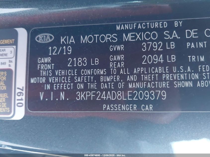 2020 Kia Forte Lxs VIN: 3KPF24AD8LE209379 Lot: 43874850