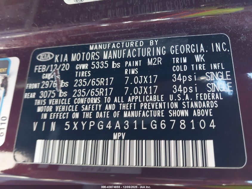 2020 Kia Sorento 2.4L Lx VIN: 5XYPG4A31LG678104 Lot: 43874855