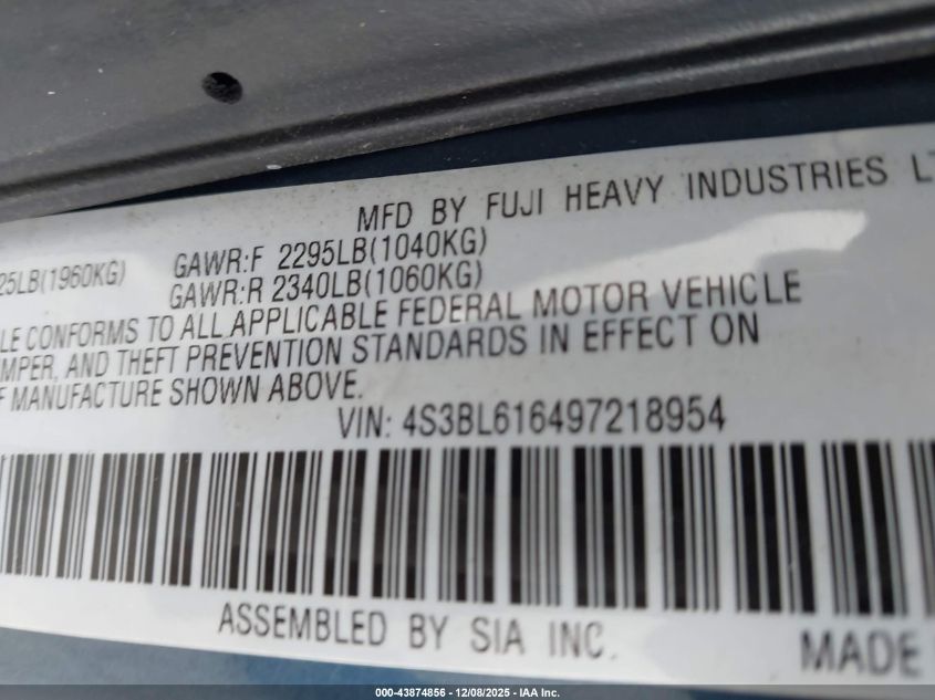 2009 Subaru Legacy 2.5I VIN: 4S3BL616497218954 Lot: 43874856