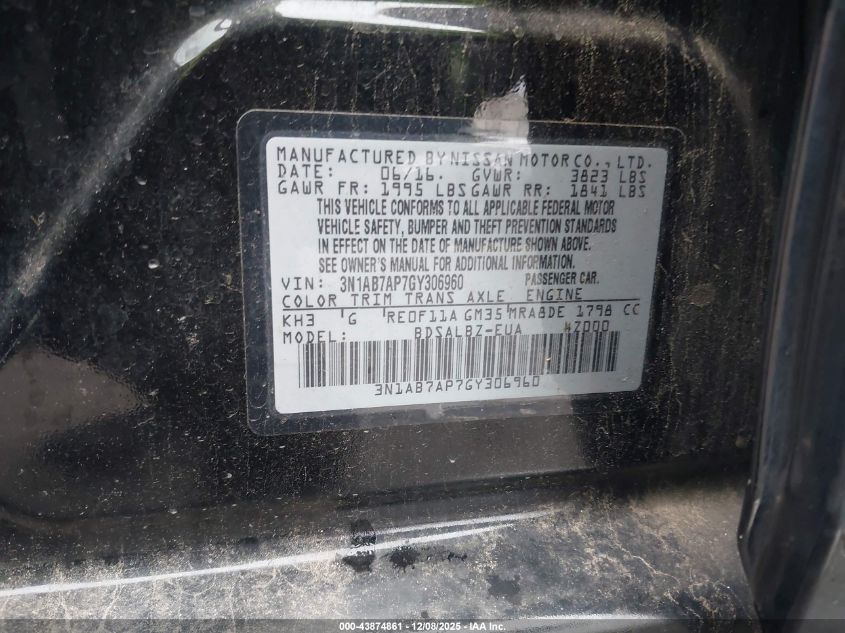 2016 Nissan Sentra S VIN: 3N1AB7AP7GY306960 Lot: 43874861