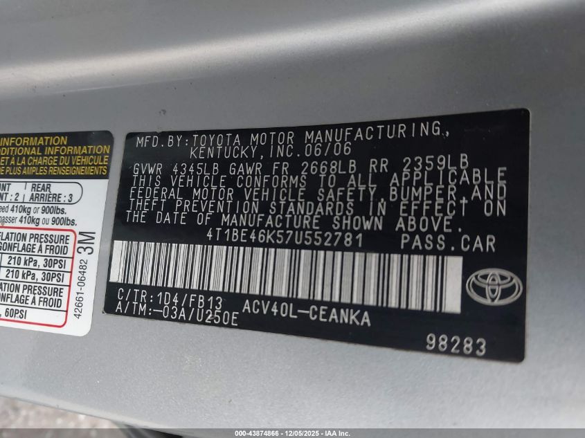 2007 Toyota Camry Le VIN: 4T1BE46K57U552781 Lot: 43874866