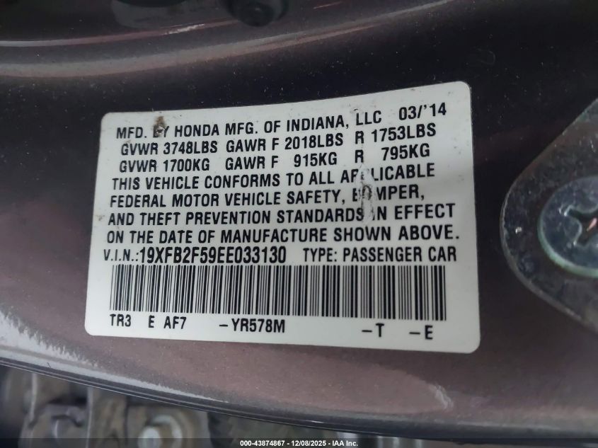 2014 Honda Civic Lx VIN: 19XFB2F59EE033130 Lot: 43874867